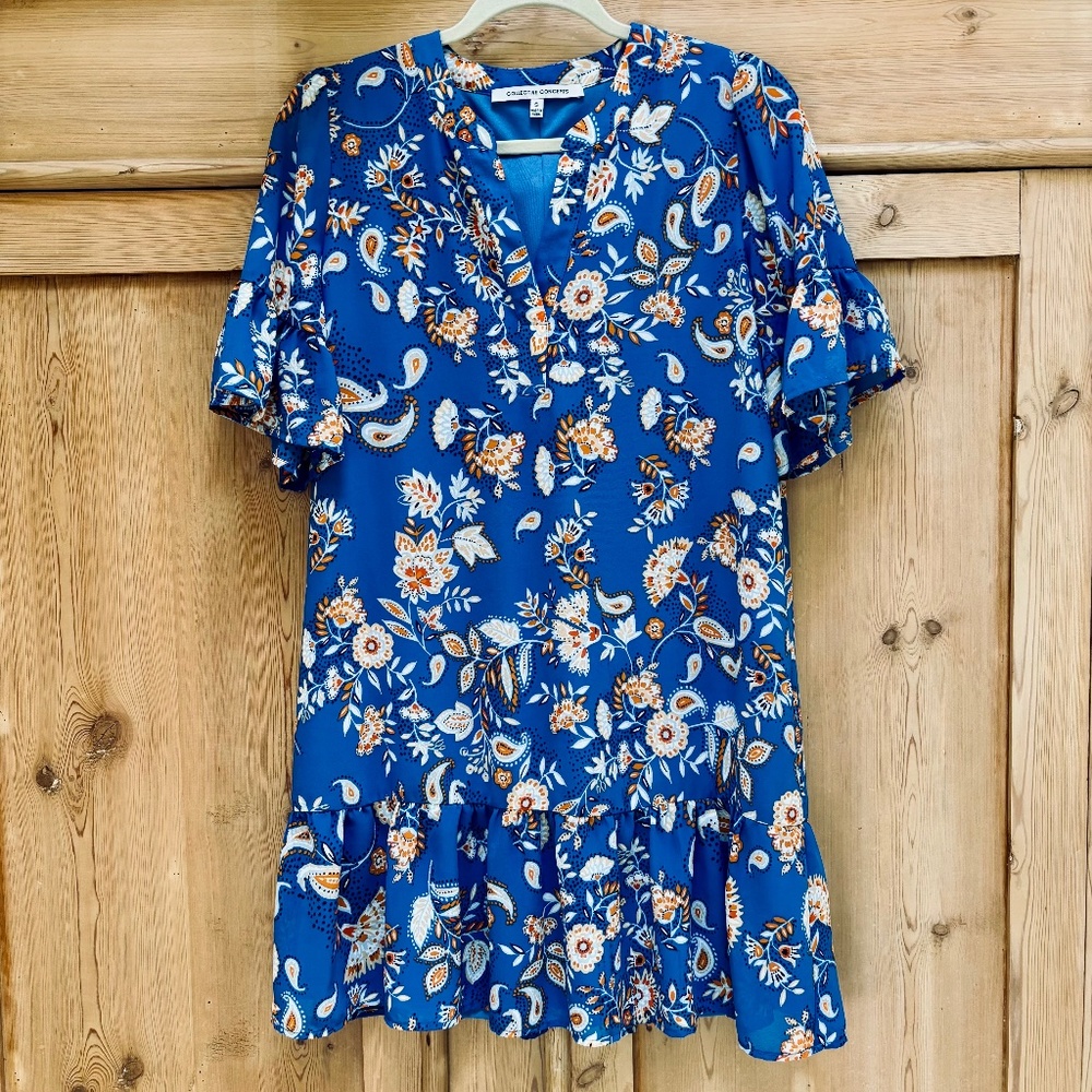 Collective Concepts Blue White Paisley Floral Short Sleeve Dress Size S
